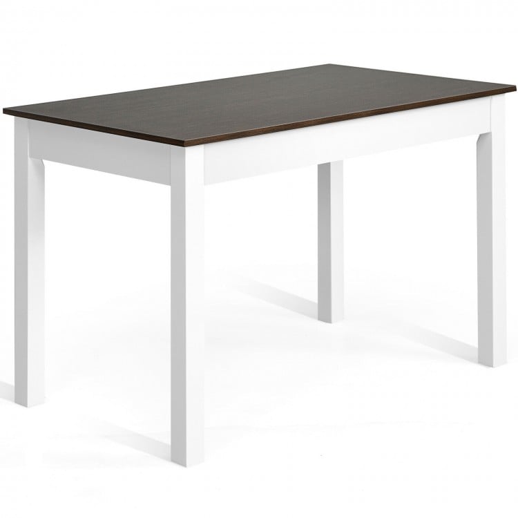 Compact kitchen dining table with walnut top and white legs, featuring a smooth surface for easy cleaning.