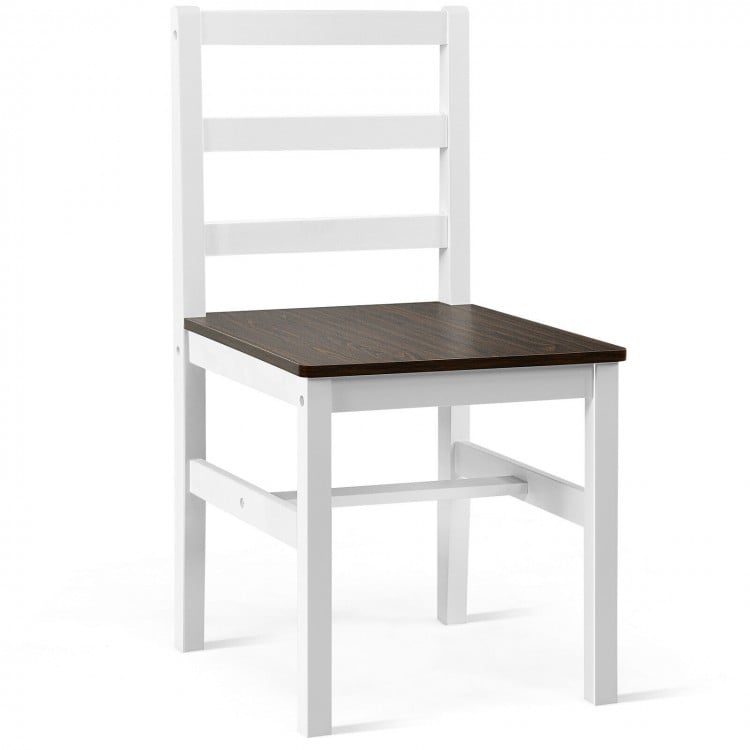 White dining chair with walnut seat, featuring a high backrest and crossbars for stability, perfect for compact.