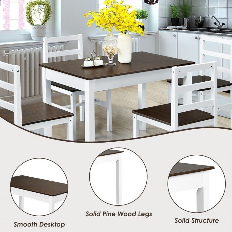 Compact 5-piece walnut dining set with smooth tabletop, solid pine wood legs, and cushioned chairs for kitchen use.