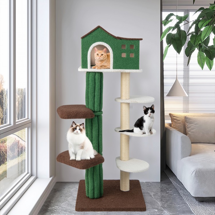 Multi-level cat tree in green with condo, plush platforms, and sisal scratching posts for playful cats.