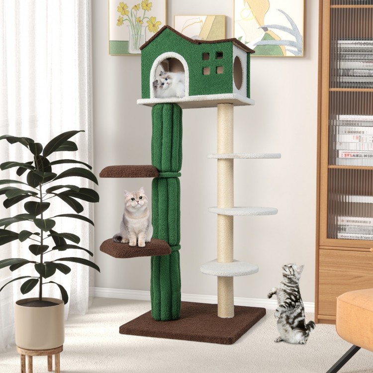 Multi-level cat tree in green with condo, padded platforms, and sisal scratching posts for playful cats.