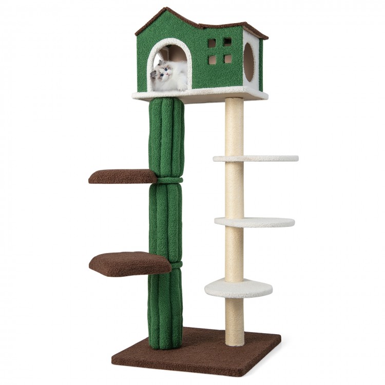 Multi-level cat tree with green condo and plush-wrapped posts, featuring five rotatable platforms for active cats.