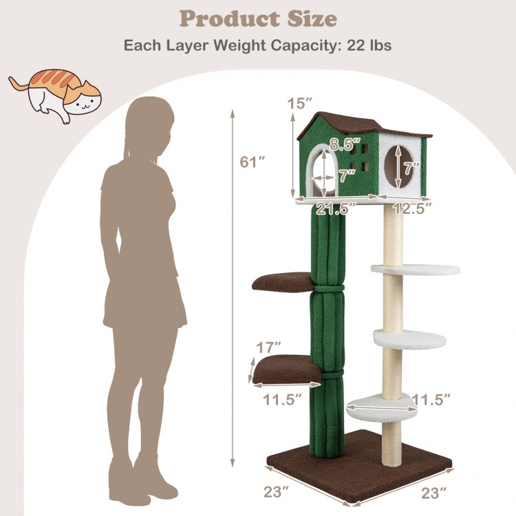 Multi-level cat tree in green with condo, scratching posts, and padded platforms for climbing and resting.