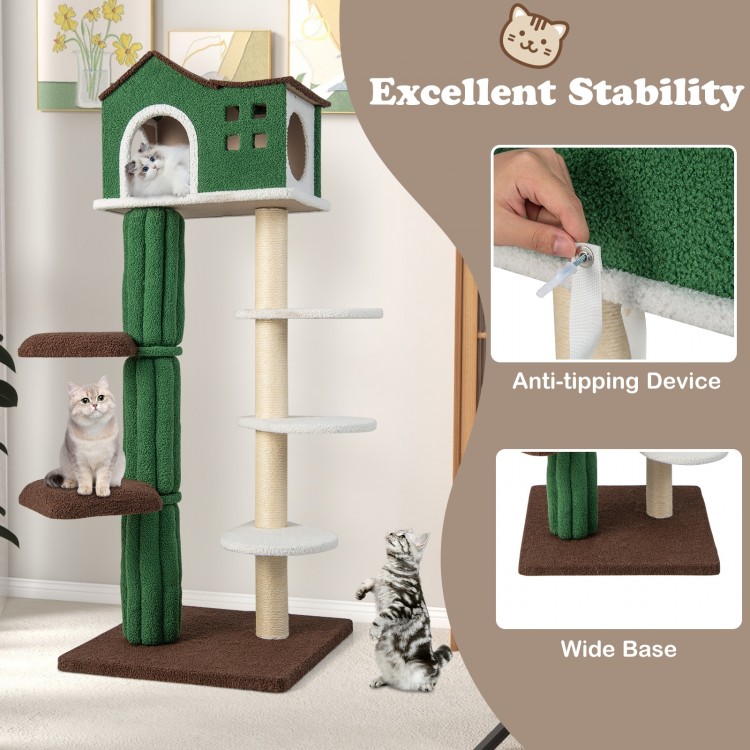 Multi-level cat tree in green with condo, anti-tipping device, and plush platforms for climbing and resting.