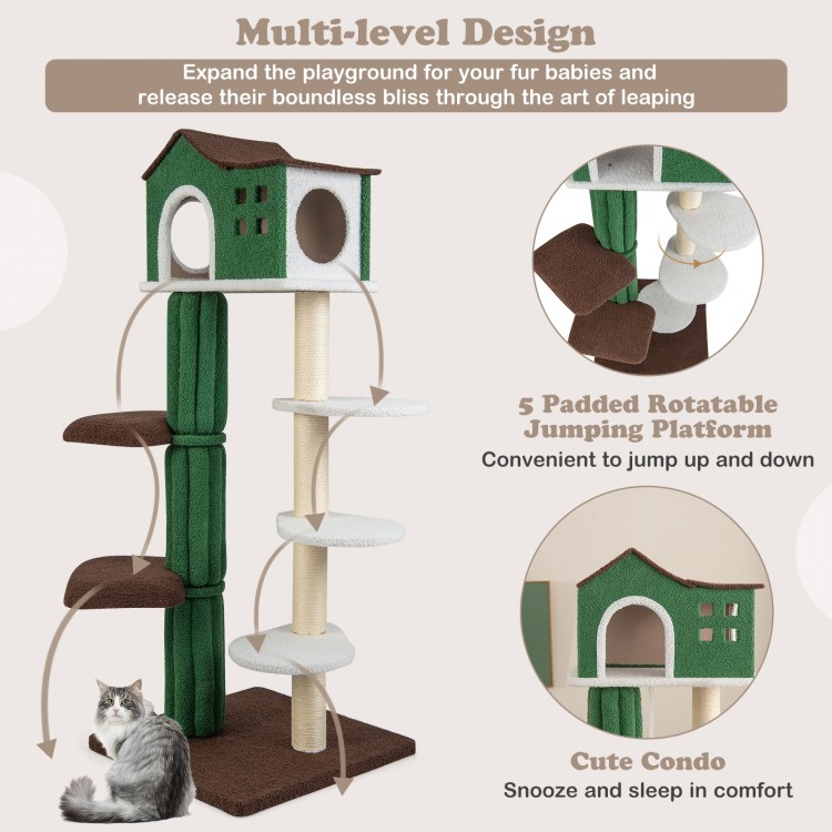 Multi-level cat tree in green with condo, padded platforms, and sisal scratching posts for climbing and resting.