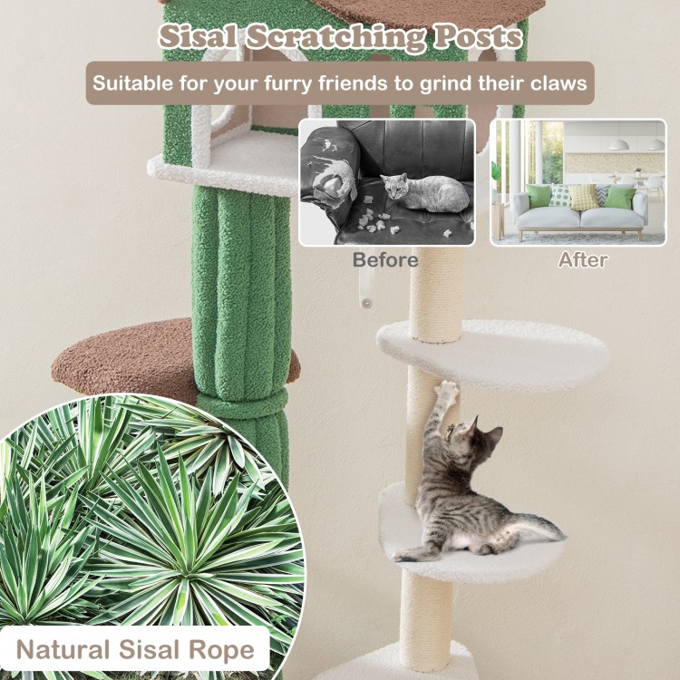 Multi-level cat tree in green with condo, natural sisal scratching posts, and plush platforms for climbing and resting.