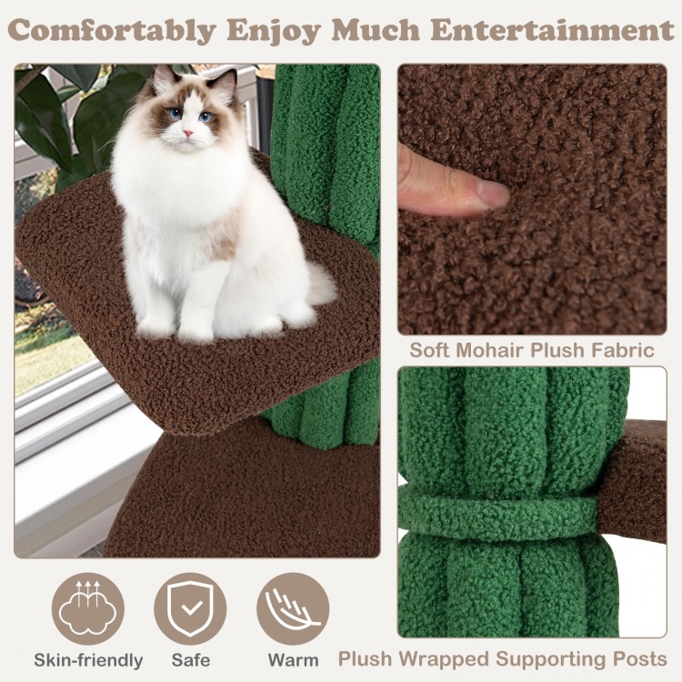Multi-level cat tree with green plush fabric, condo, and padded platforms for climbing and resting, ideal for multiple.