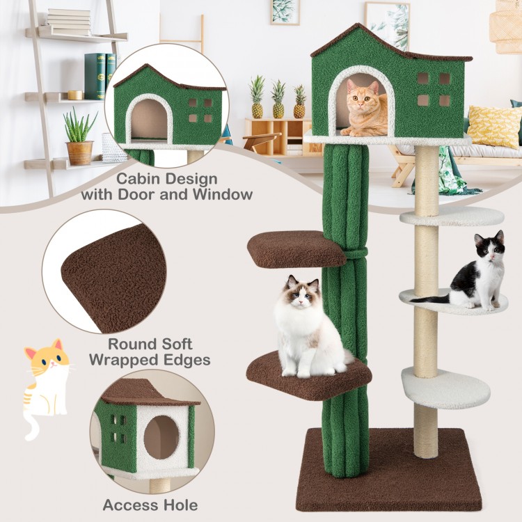 Multi-level cat tree in green with condo, padded platforms, and anti-tipping device for safe play and rest.