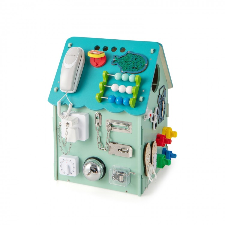 Montessori play house in blue showing various sensory activities like a clock, hook and loop fastener, and latches for.