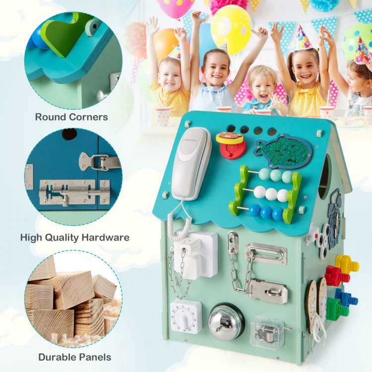Montessori Play House in blue featuring sensory games, storage space, and high-quality hardware for kids' skill.