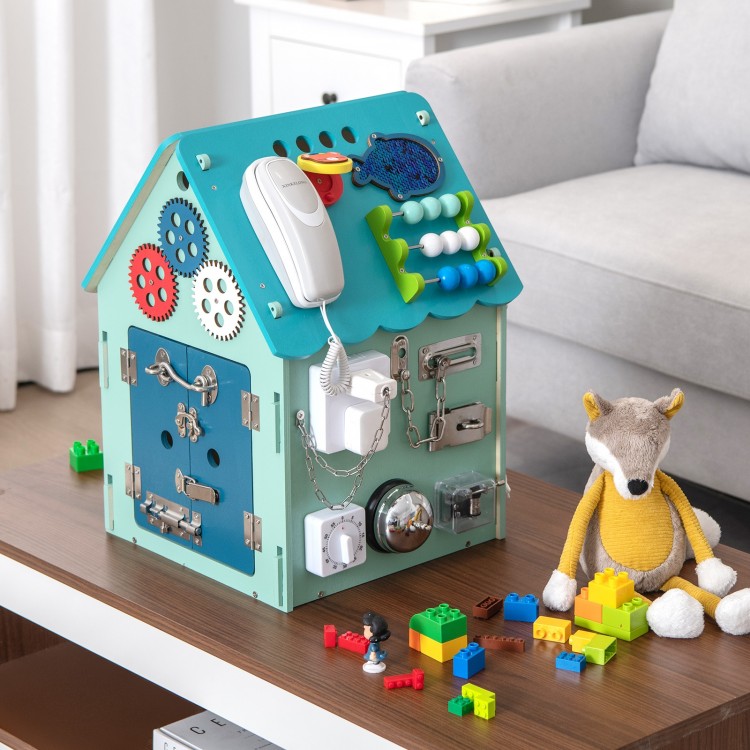 Montessori Play House in blue featuring sensory games, storage space, and various life skills activities for kids.