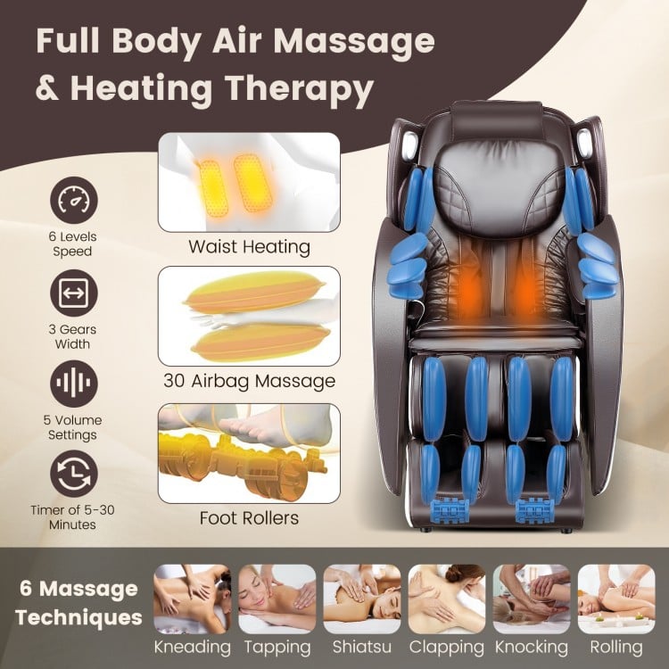 Provox 27-Comfort 2D Full Body Massage Chair in brown with waist heating and 30 airbags for soothing relaxation.