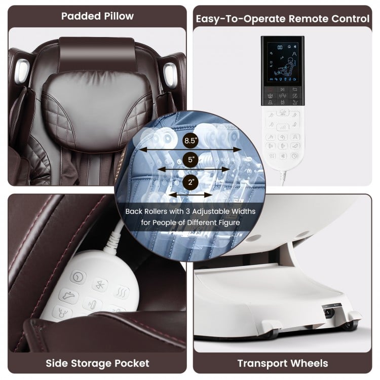 Close-up of the Provox 27-Comfort massage chair's remote control and side storage pocket, featuring easy operation and.