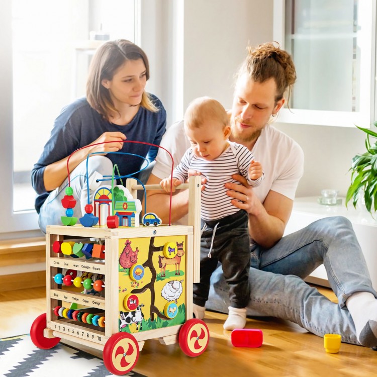 Colorful 6-in-1 developmental learning toy with bead maze, designed for toddlers to recognize animals and learn numbers.