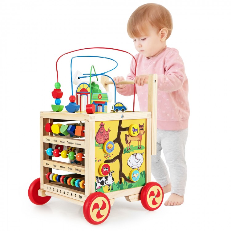 Wooden 6-in-1 developmental learning toy with bead maze, designed for toddlers to enhance learning and mobility.