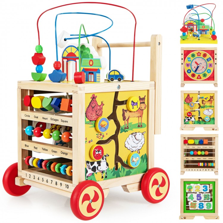 Wooden 6-in-1 developmental learning toy with bead maze, colorful designs, and ergonomic walker for toddlers.