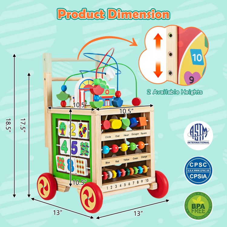 6-in-1 developmental learning toy with bead maze, featuring two heights for toddlers, ideal for educational play.