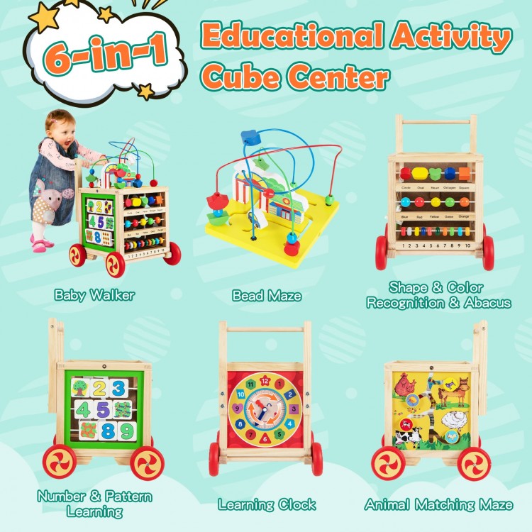 6-in-1 educational activity cube center featuring a bead maze, baby walker, and various learning activities for.