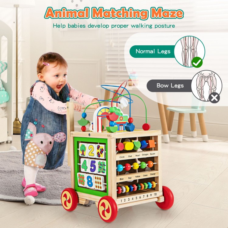 6-in-1 developmental learning toy with bead maze, designed for babies to learn numbers and animals while promoting.