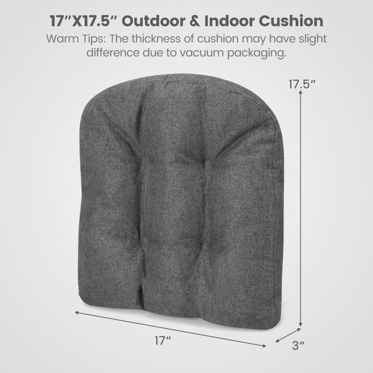 U-shaped gray chair cushion measuring 17.5 x 17 inches, made with breathable polyester for indoor and outdoor use.
