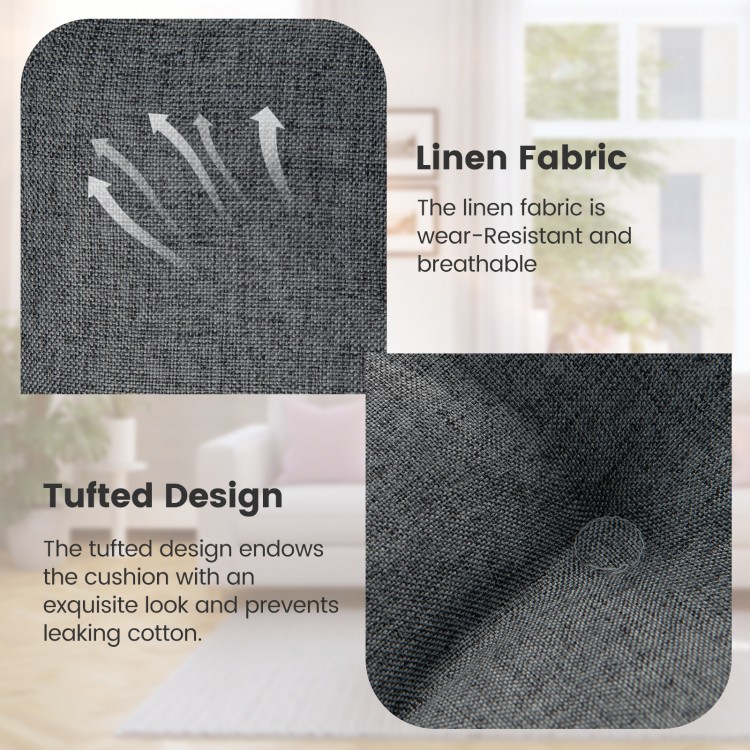 Close-up of gray linen fabric U-shaped chair pad, showcasing tufted design and breathable, wear-resistant material.
