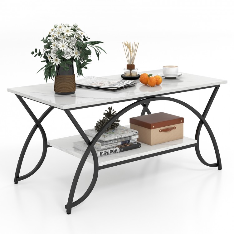 2-tier faux marble coffee table with a white marble top and black metal frame, ideal for stylish living room.