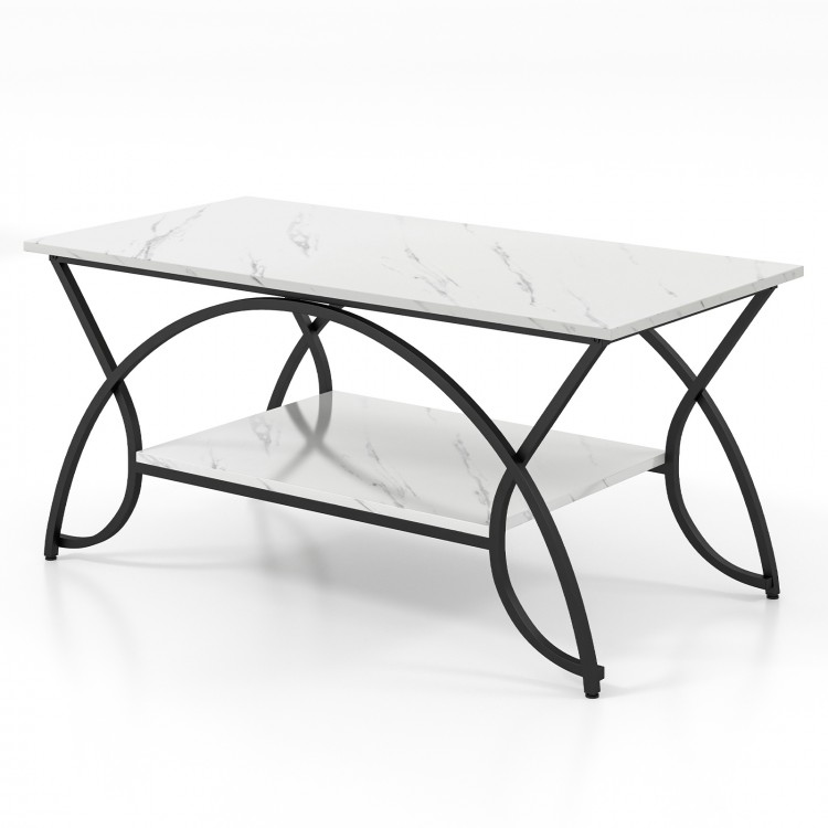 2-tier faux marble coffee table with a white marble top and black metal frame, perfect for stylish living room.