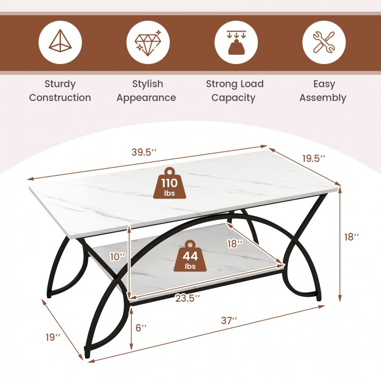 2-tier faux marble coffee table with black metal frame, featuring a stylish white marble top for organized living.