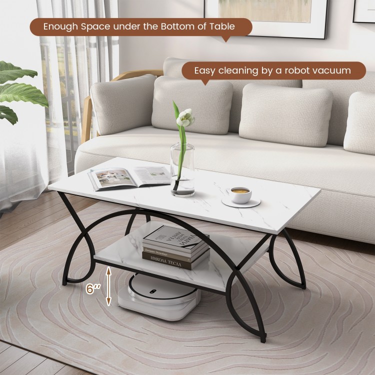 2-tier faux marble coffee table with black metal frame, featuring a sleek design and ample space for easy robot vacuum.