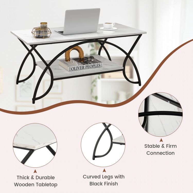 2-tier faux marble coffee table with white marble top and black metal frame, featuring curved legs for stylish support.
