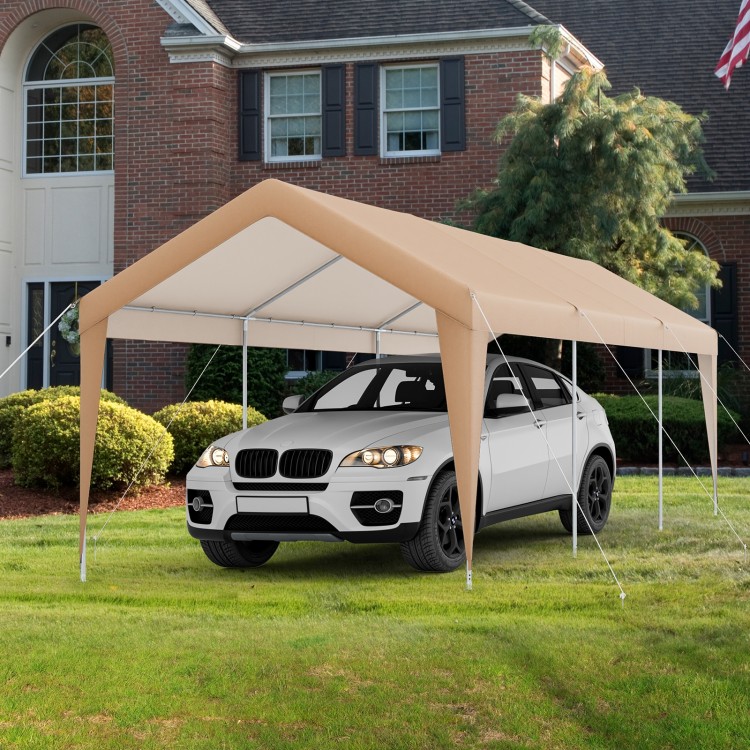 Heavy-duty 10 x 20 feet carport with PE canopy, providing all-weather protection for vehicles in outdoor settings.