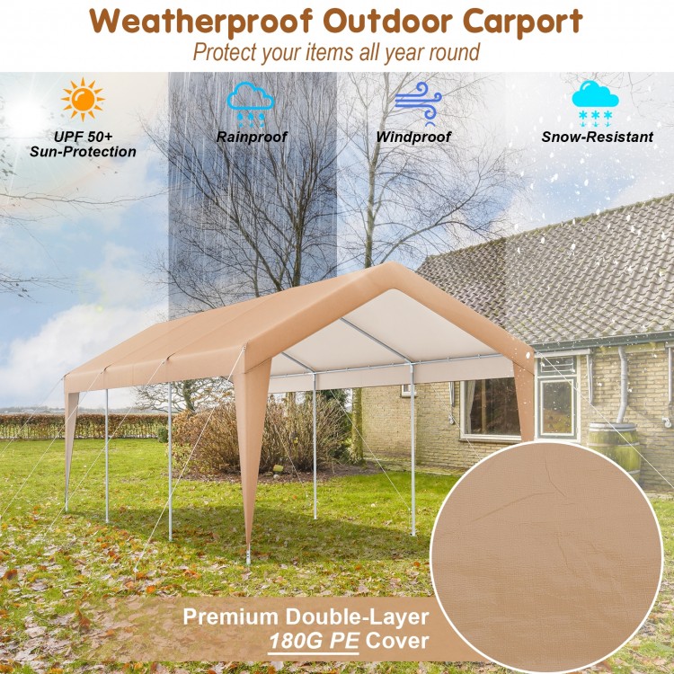 Heavy-duty 10 x 20 feet outdoor carport with a premium double-layer PE cover for all-weather protection.