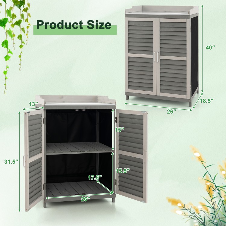 Garden potting bench table with two storage shelves, featuring a metal tabletop and vented shutter doors for.