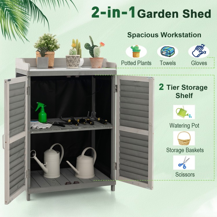 Garden potting bench table with 2 storage shelves, gray metal tabletop, ideal for displaying potted plants and tools.
