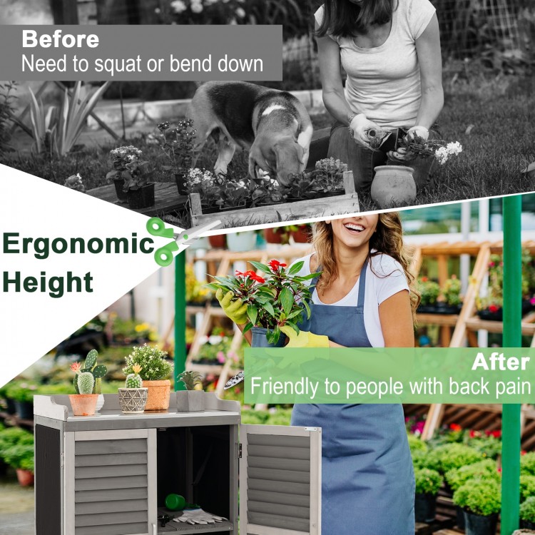 Garden potting bench table in gray with ergonomic height, featuring 2 storage shelves and a metal tabletop for.