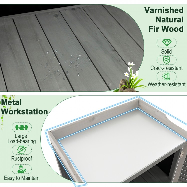 Varnished natural fir wood tabletop with water droplets, showcasing the durable surface of the potting bench table.
