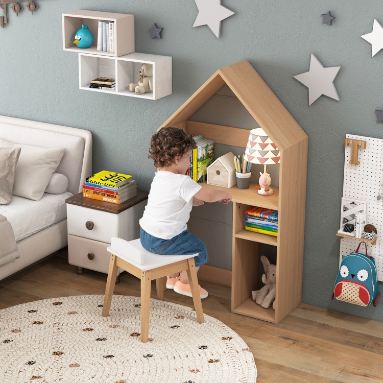 Kids house-shaped desk and chair set in gray, featuring ample storage and a blackboard for drawing, perfect for.