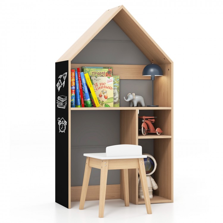 Kids house-shaped desk and chair set in gray with blackboard, ample storage, and sturdy design for learning and play.