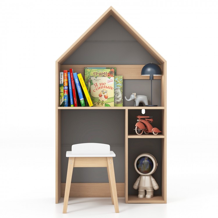 House-shaped kids' desk and chair set in gray with storage for books and toys, featuring a blackboard for drawing.