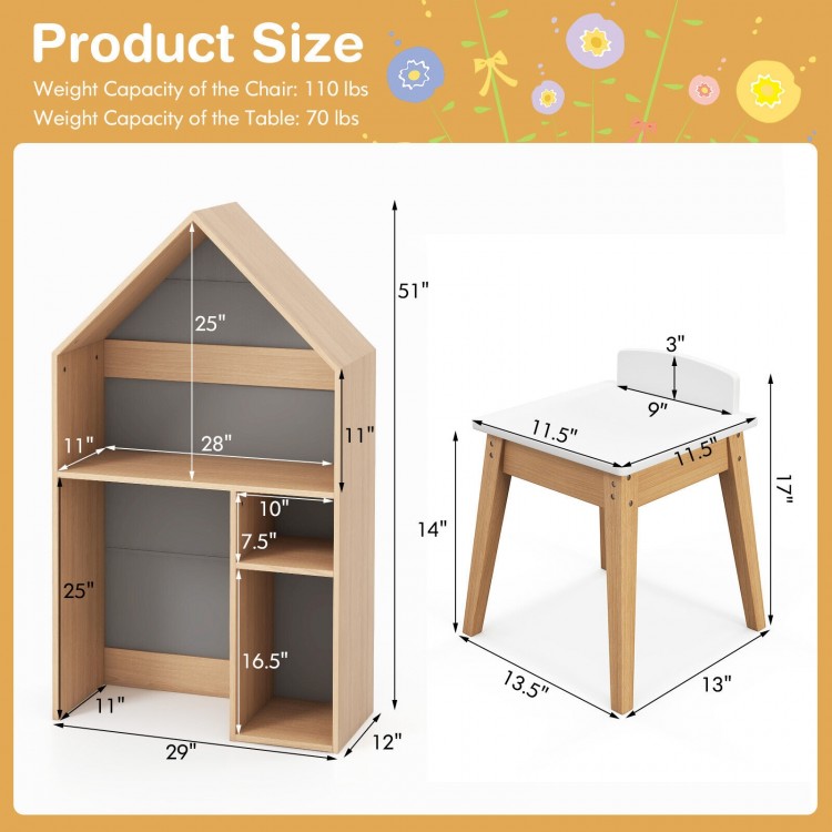 Kids house-shaped table and chair set in gray with storage, blackboard, and sturdy wood legs for play and learning.