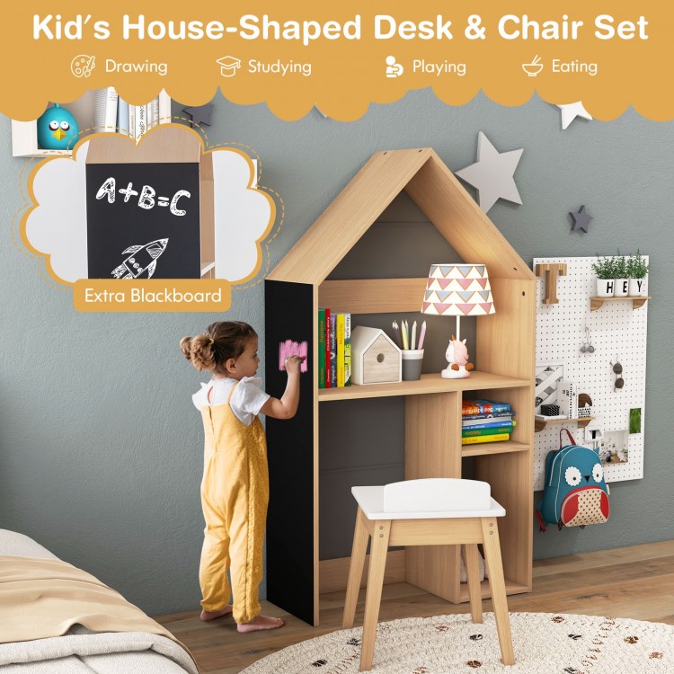 Kids house-shaped desk and chair set in gray with extra blackboard, ideal for drawing, learning, and playing.