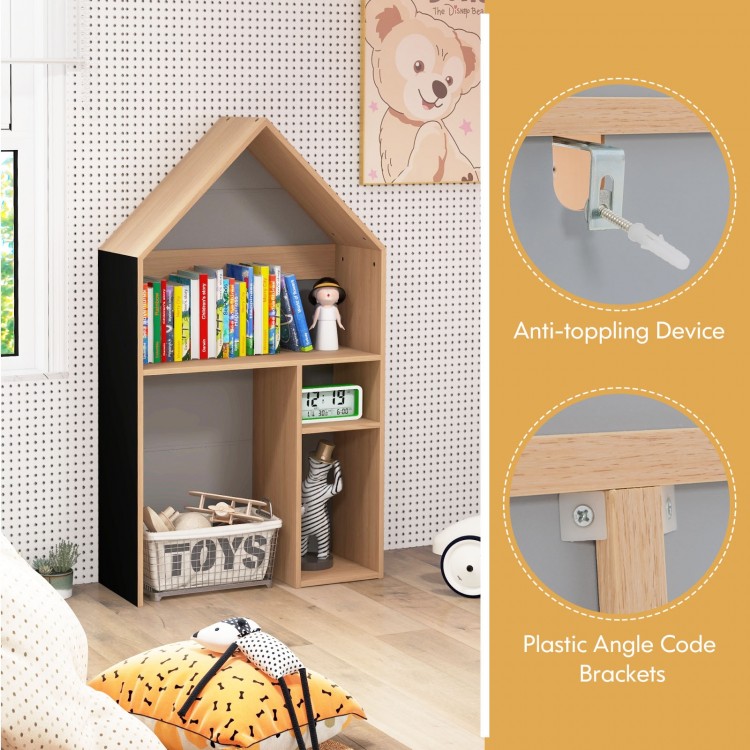 House-shaped kids' desk and chair set in gray with ample storage, anti-toppling design, and blackboard for drawing.