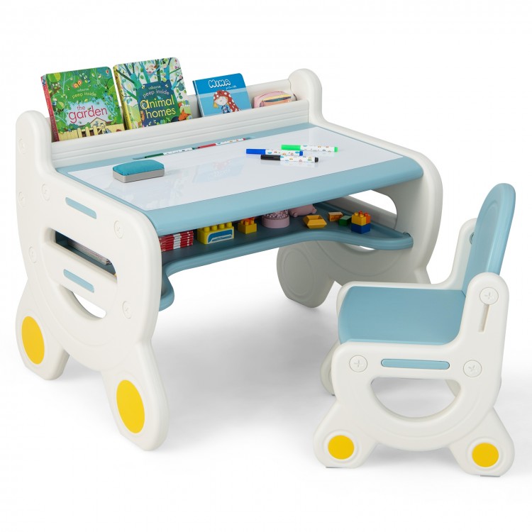 Blue kids drawing table and chair set showcasing ample storage space and a durable, ergonomic design for safe and.