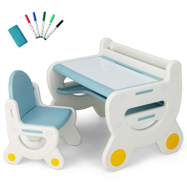 Close-up of the blue kids chair with backrest, designed for comfort and safety during drawing and learning activities.
