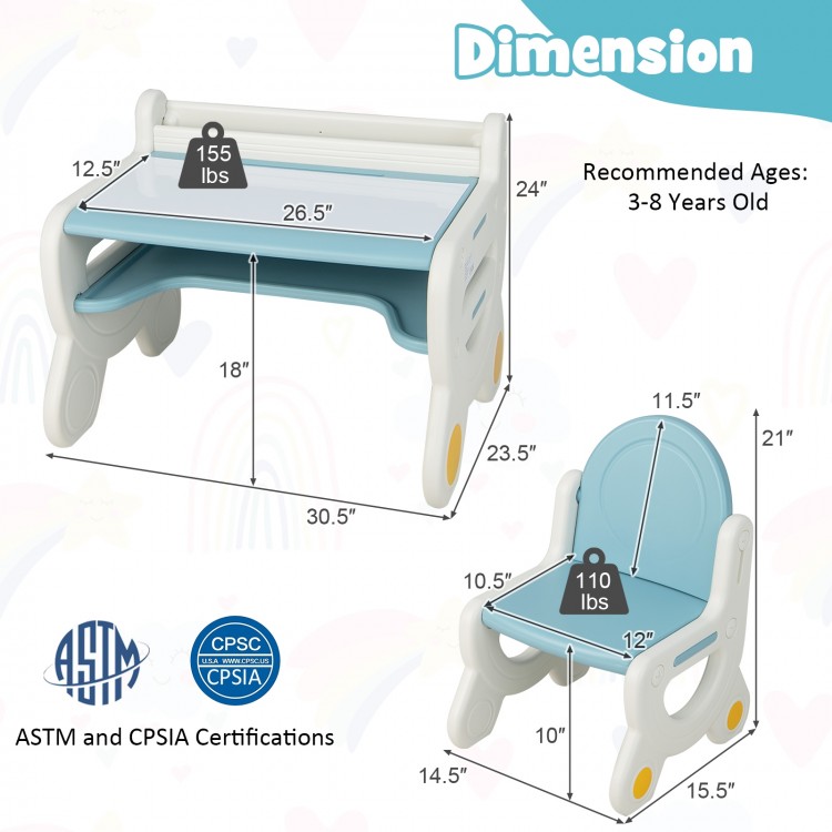 Kids drawing table and chair set in blue with spacious tabletop, ergonomic design, and safety features for ages 3-8.