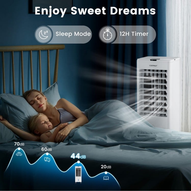 3-in-1 evaporative air cooler in white with remote, featuring 3 wind modes and 2 ice packs for efficient cooling.