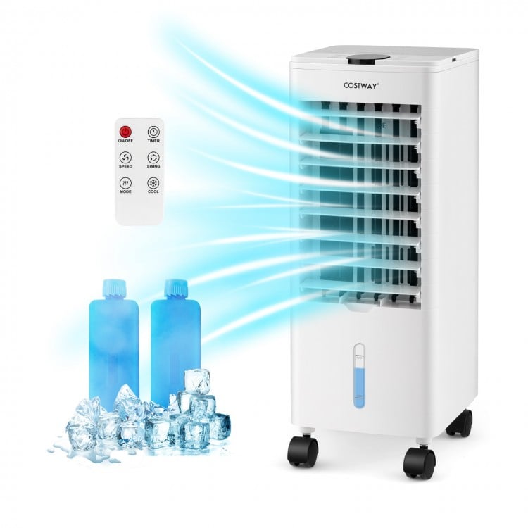 3-in-1 evaporative air cooler in white with remote, featuring ice packs and adjustable airflow for home or office use.