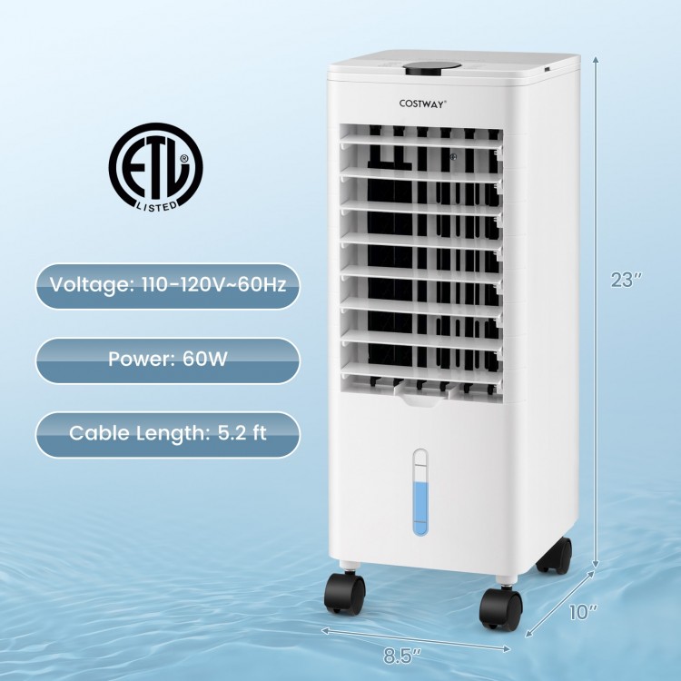 3-in-1 evaporative air cooler in white, highlighting the compact design with 23-inch height and 5.2 ft cable for.
