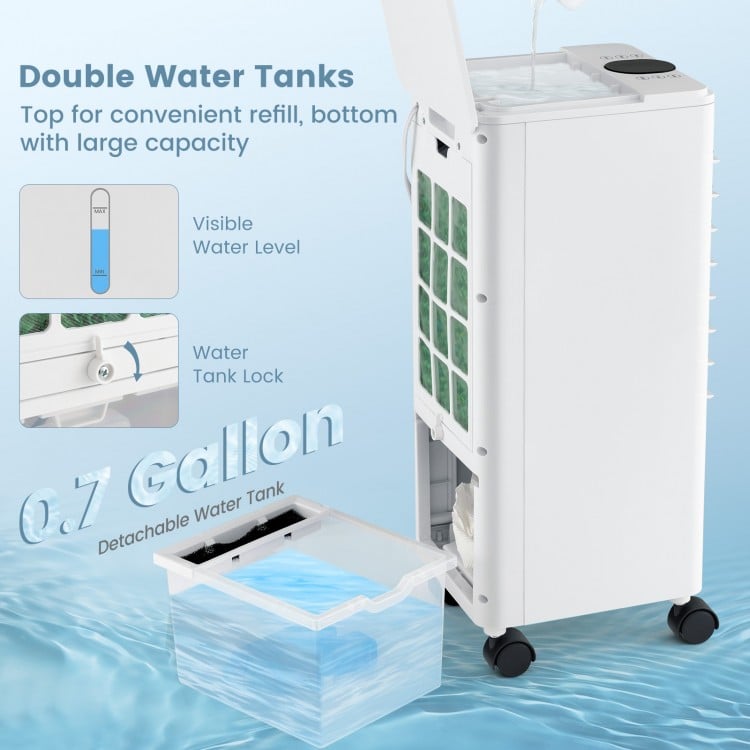 Dual water tanks of the 3-in-1 evaporative air cooler, featuring a visible water level and a 0.7-gallon capacity for.