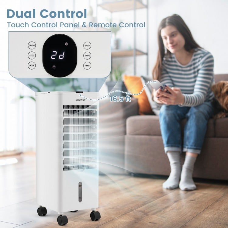 3-in-1 evaporative air cooler in white with remote control, featuring touch panel and dual water tanks for home office.